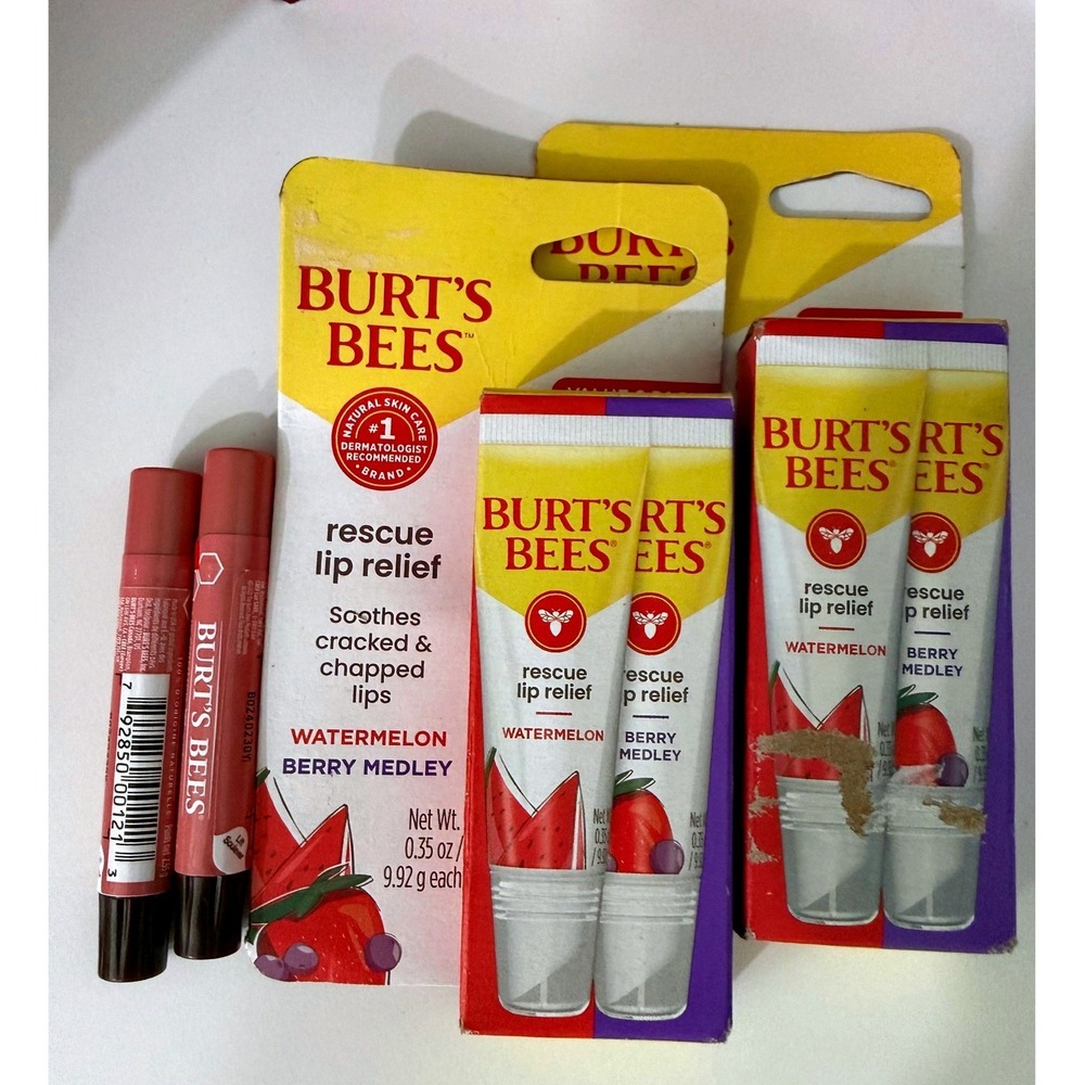 6 Pc Burt's Bees Lip Bundle Rescue Lip Relief Watermelon Berry Medley Shimmers